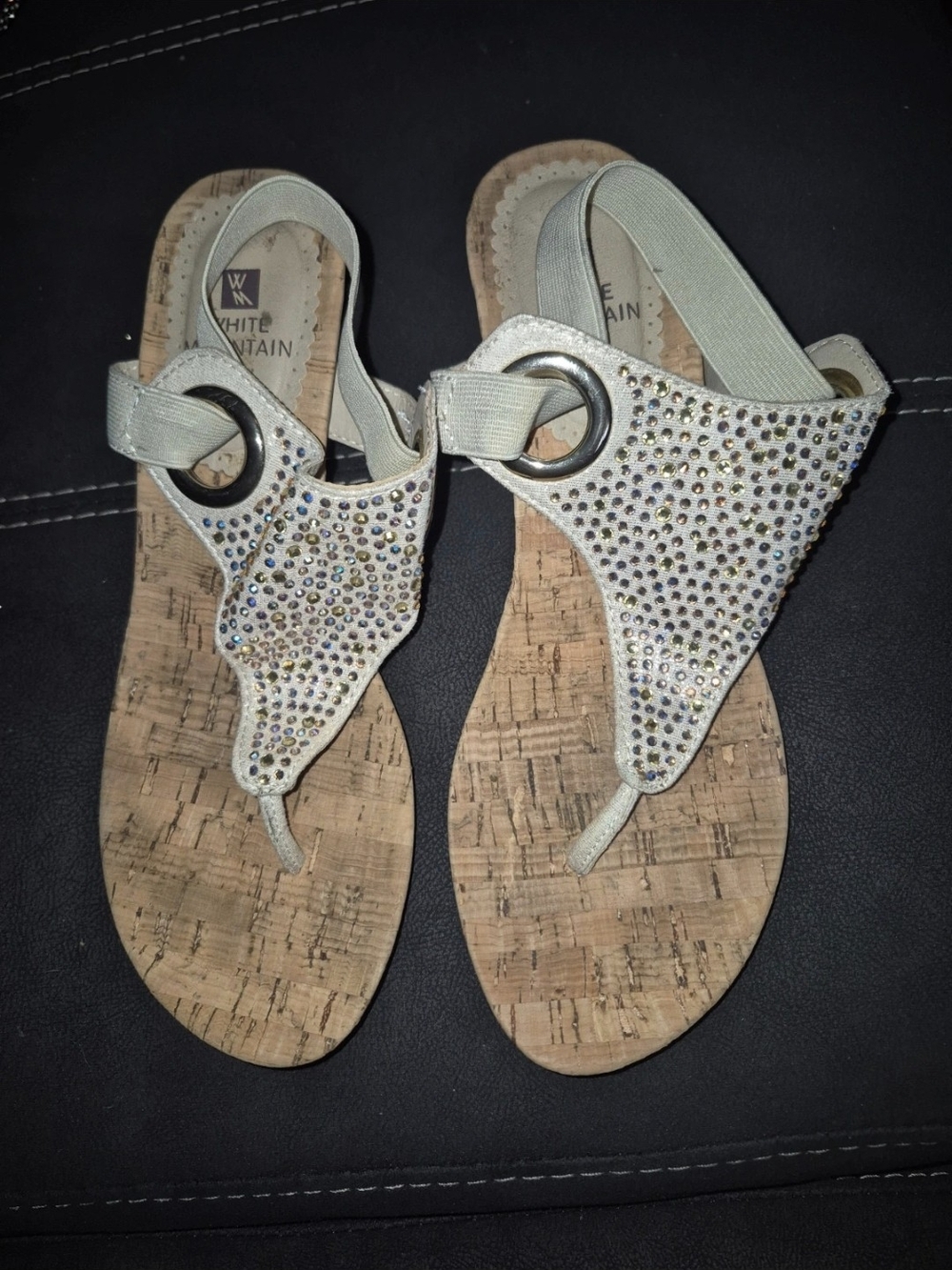White Mountain Silver-Tone Crystal Cork-Style Thong Sandals